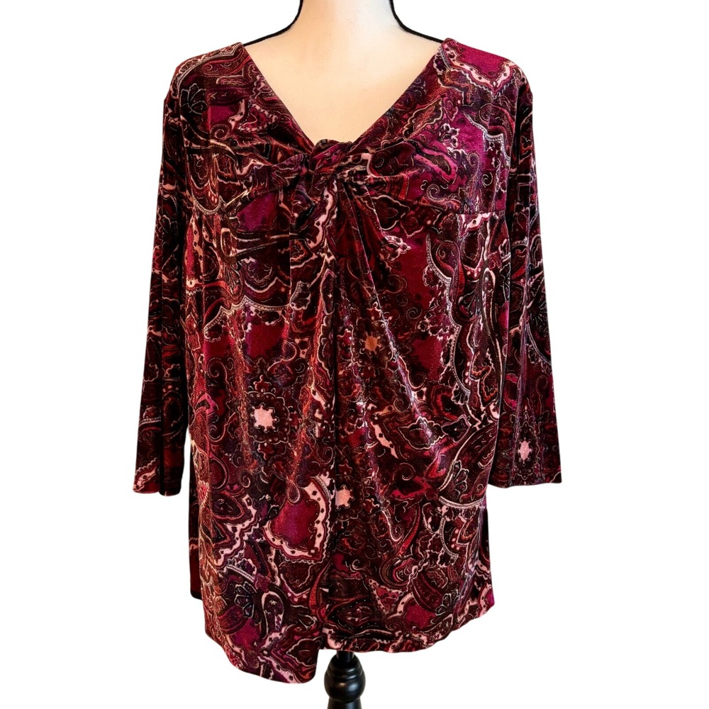 Vintage 90s V-Neck Blouse Women's 2X Maroon Moody Dramatic Paisley Velvet‎ Shirt